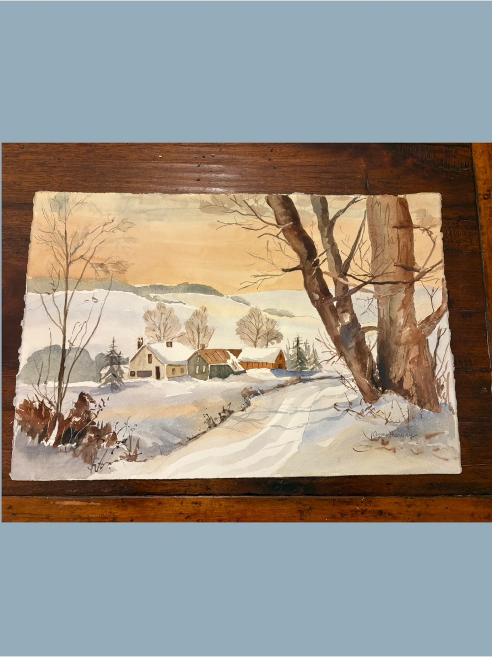 Large original painting landscape winter scene snowing snowy